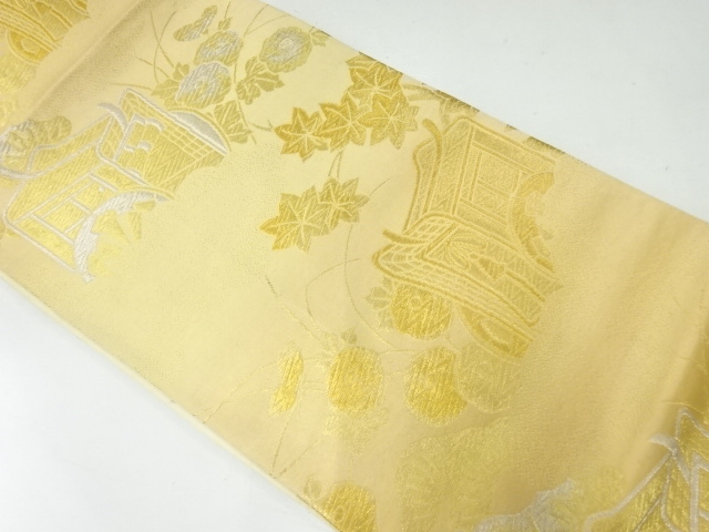 アンティーク　御所車に菊楓模様織出し袋帯（材料）